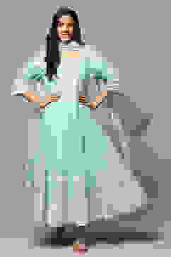 Powder Blue Cotton Anarkali Kurta Churidar Suit Set image number 0