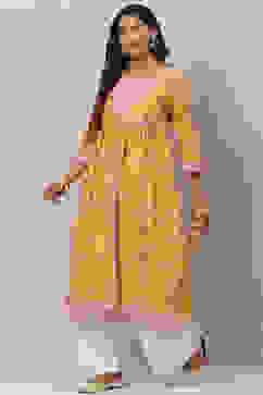 Mustard Cotton Flared Printed Kurta Dress With Shrug image number 7