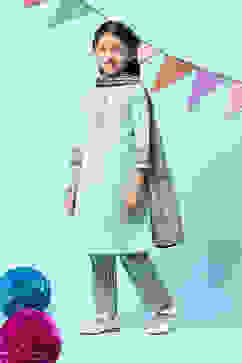 Powder Blue Cotton Kalidar Kurta Slim Pants Suit Set image number 5