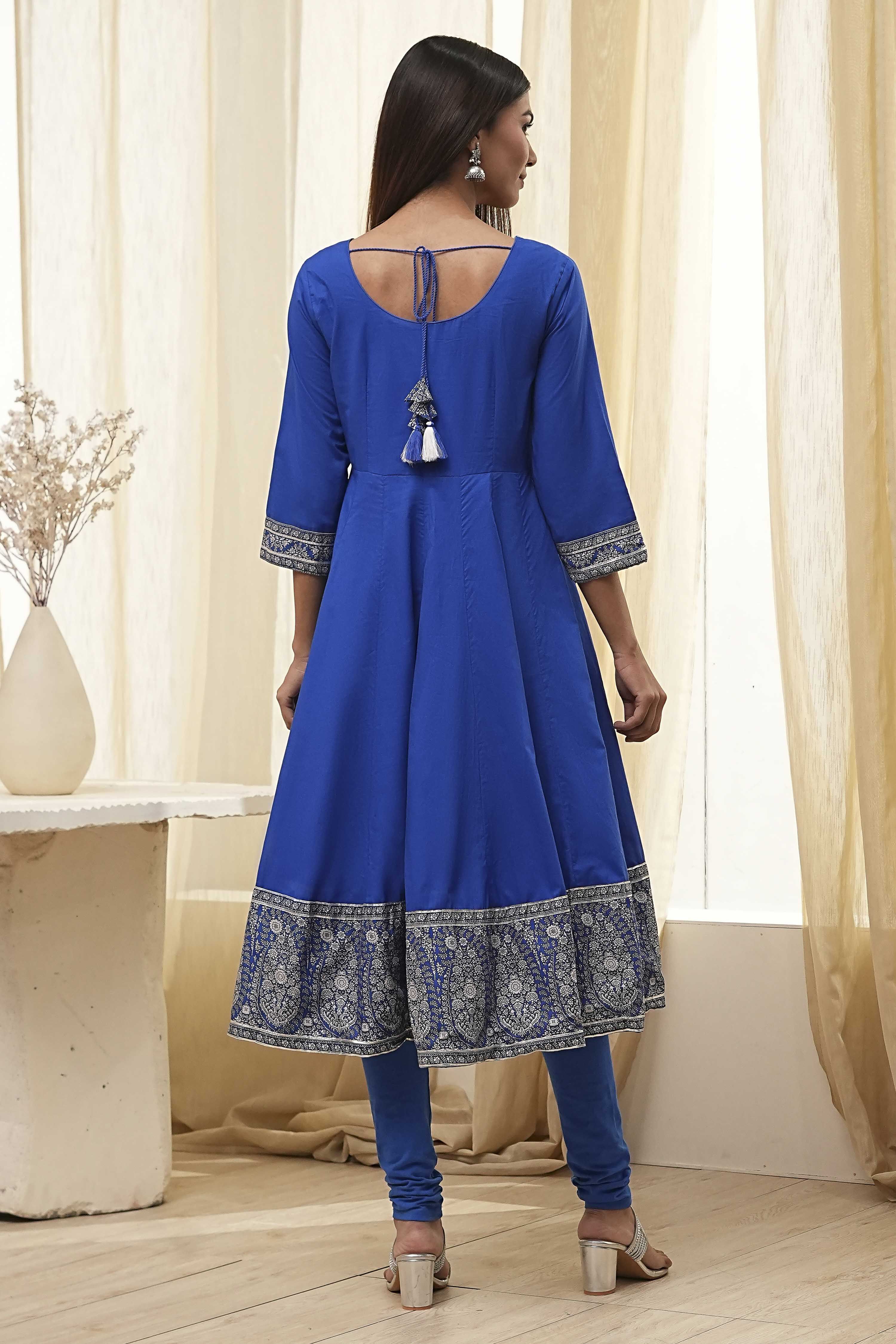 Blue Cotton Embroidered Anarkali Suit Set image number 4