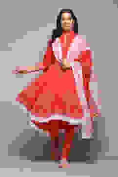 Coral Cotton Asymmetric Solid Kurta Churidar Suit Set image number 7