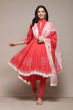 Coral Cotton Asymmetric Solid Kurta Churidar Suit Set image number 7