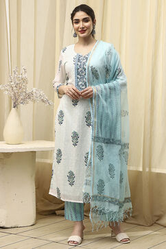 Blue Cotton Hand Block Print Unstitched Suit Set image number 7