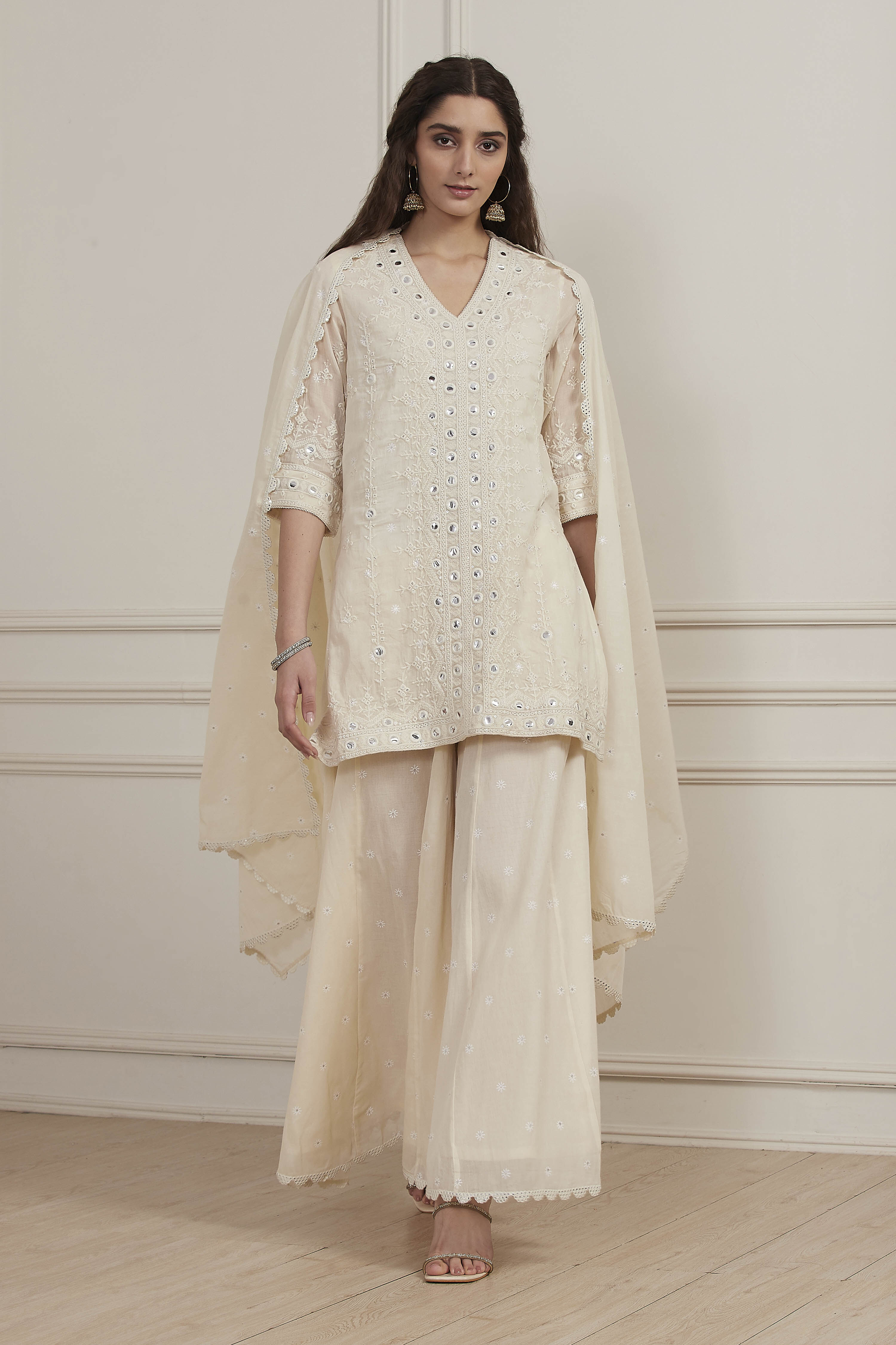 Ecru Cotton Embroidered Straight Sharara Suit Set image number 8