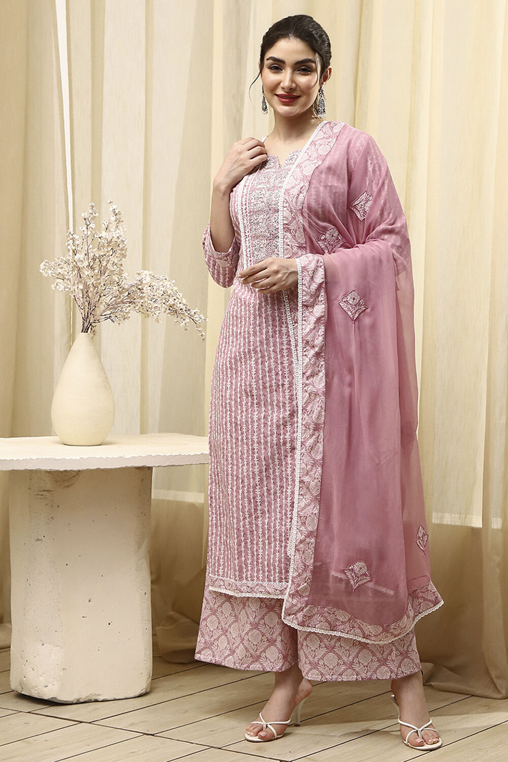 Mauve Cotton Printed Unstitched Suit Set image number 7