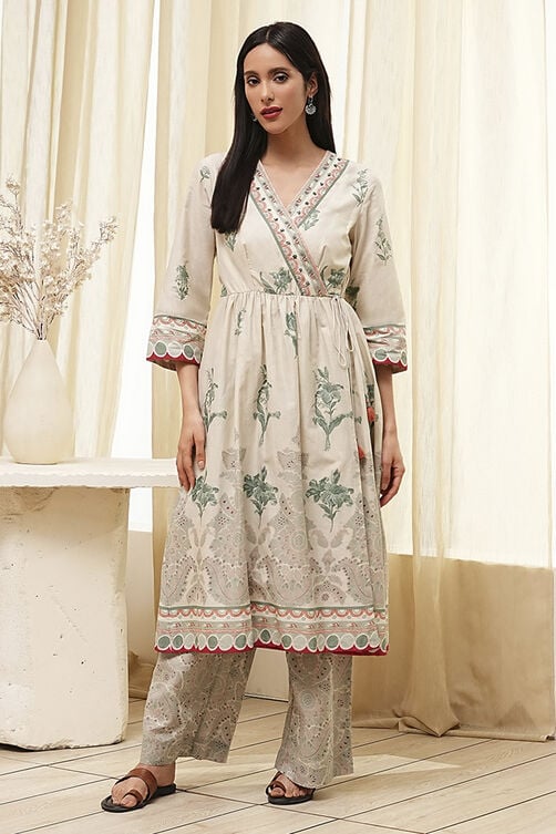 Beige and Green Cotton Angrakha Anarkali Kurta Set image number 7