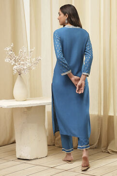 Blue Rayon Straight Kurta Pant Suit Set image number 4