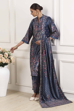 Navy Blue Polyester Floral Printed Straight Kurta Set