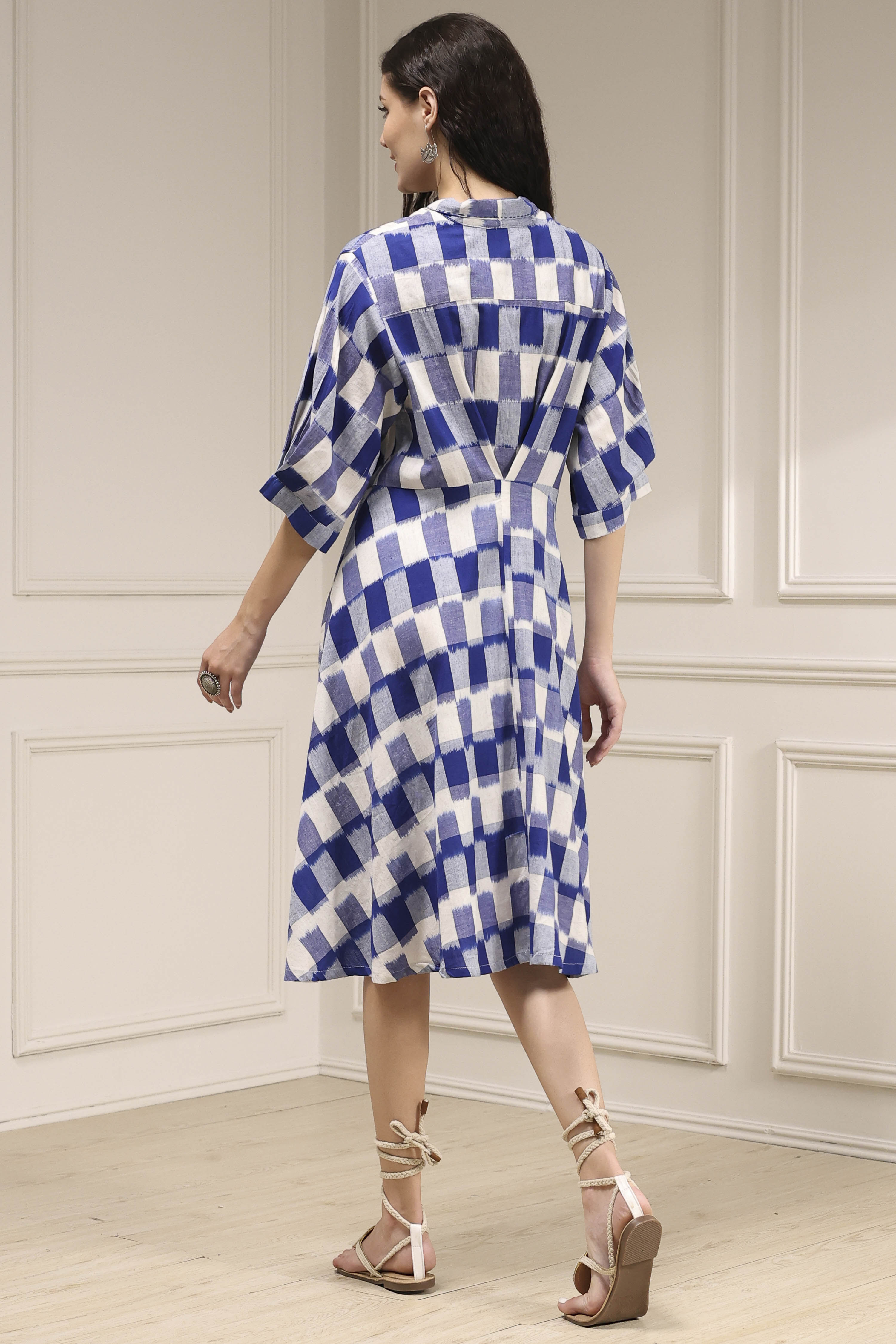 Indigo Cotton Flared Yarndyed Dress image number 3