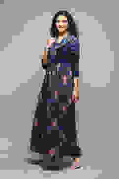 Navy LIVA Flared Solid Dress image number 3