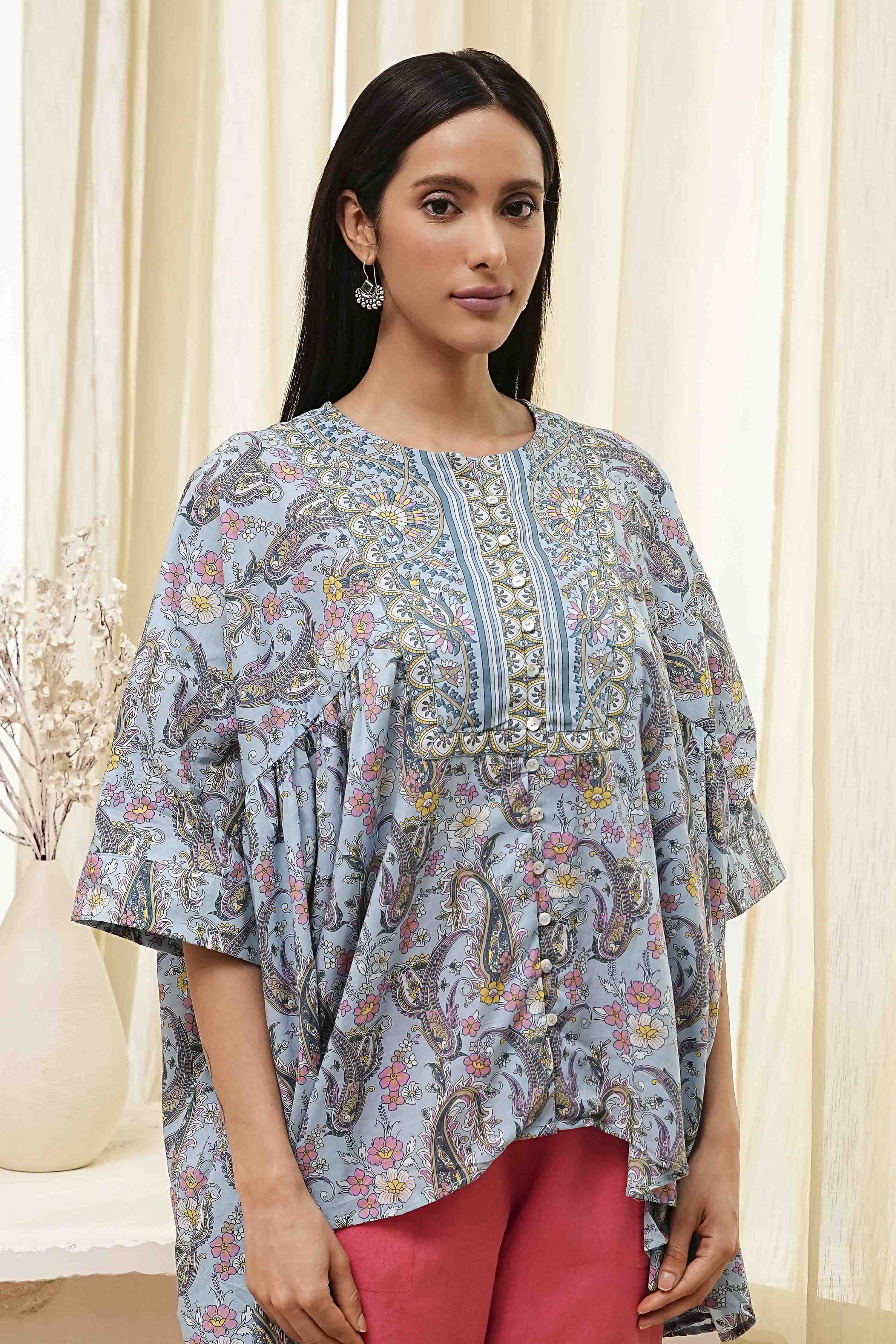 Dull Blue Cotton Flared Short Kurta image number 1