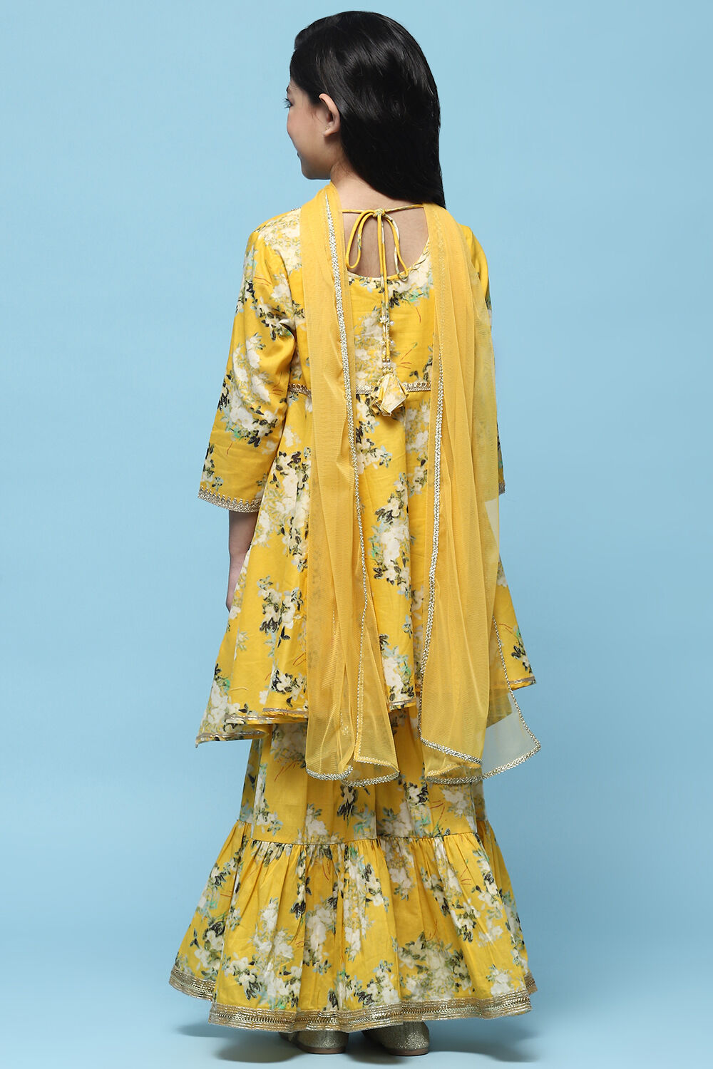 Yellow Floral Cotton Peplum Kurta Garara & Net Dupatta image number 5