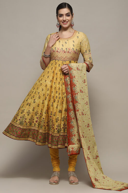 Yellow Voile Anarkali Kurta Churidar Suit Set