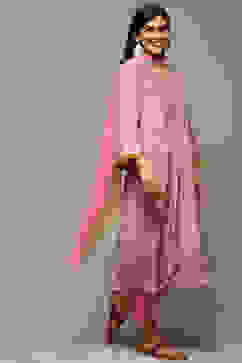 Pink Viscose Gathered Kurta Pants Suit Set image number 6