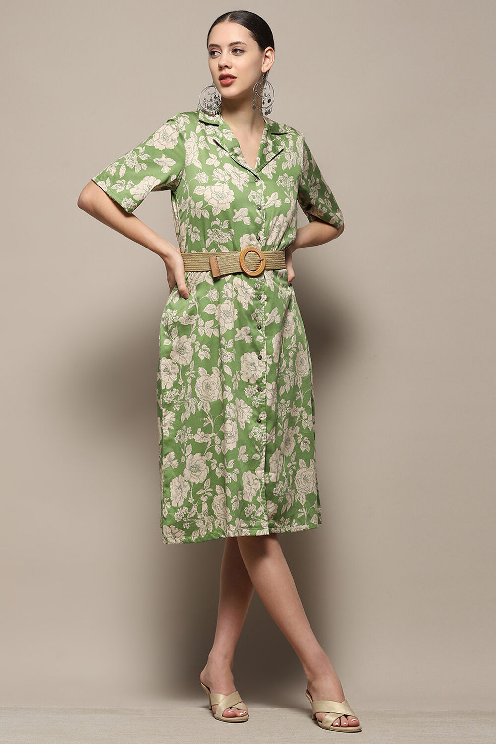 Dark Green Pure Cotton Floral Printed Straight Dress image number 0
