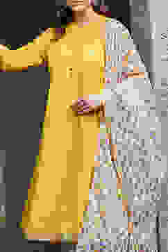 Yellow Cotton Gathered Kurta & Pants Suit Set image number 1