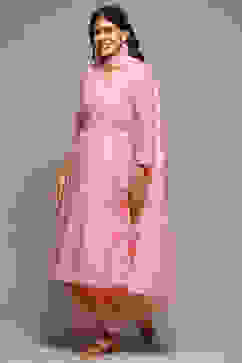 Pink Cotton Blend Layered Kurta Palazzo Suit Set image number 6