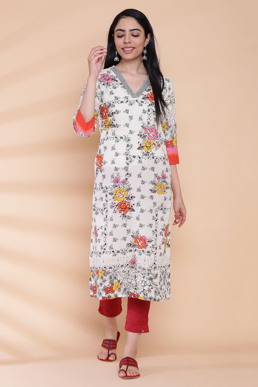 Cream Cotton Straight Printed Kurta image number 0