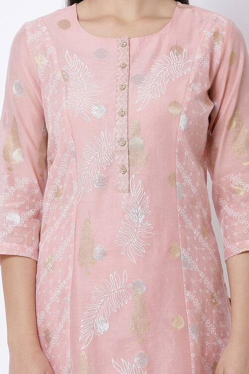 Peach Cotton Organza Straight Kurta Churidar Suit Set image number 1