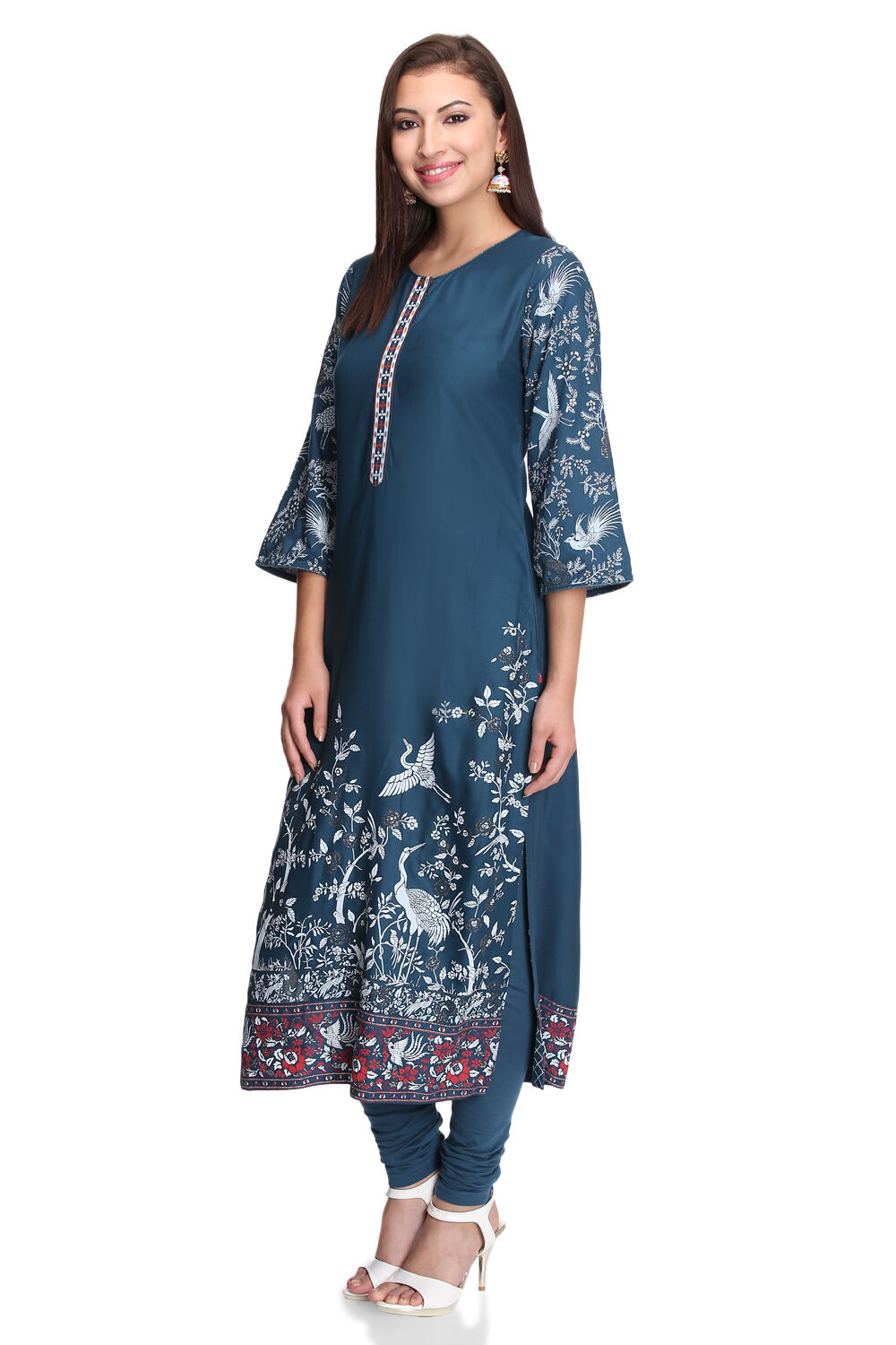 Teal Viscose Straight Printed Kurta image number 3