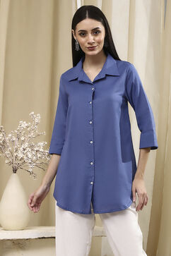 Blue Cotton Blend Straight Shirt image number 5