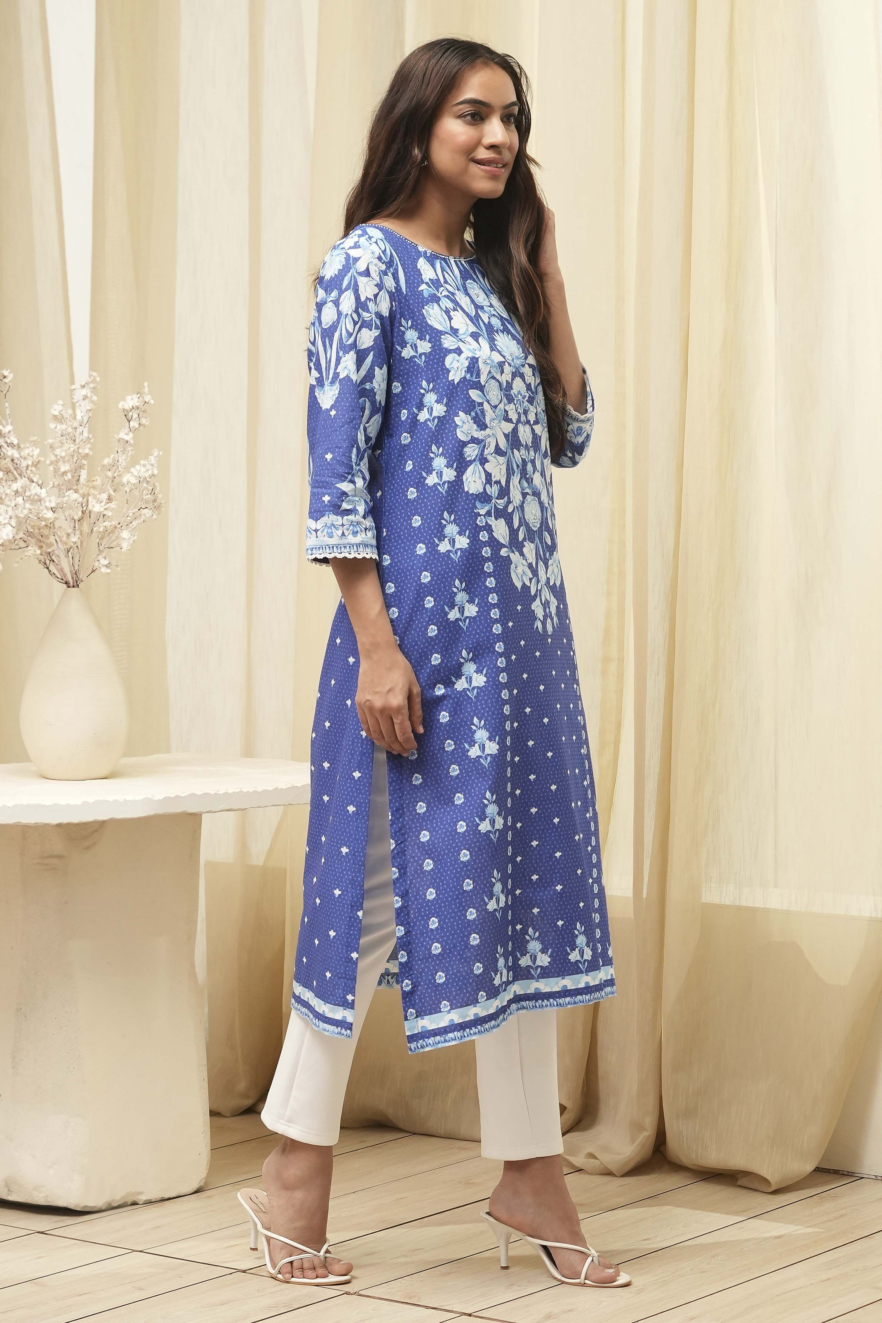 Blue Cotton Printed Straight Kurta image number 5