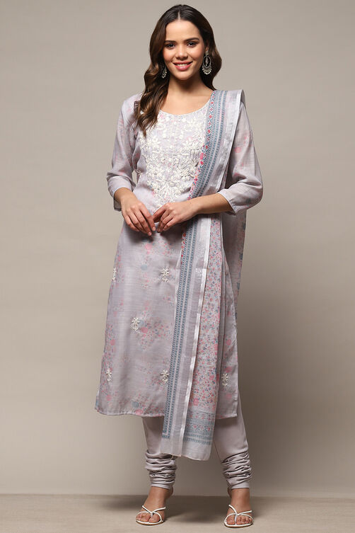 Grey Linen Unstitched Suit Set image number 8