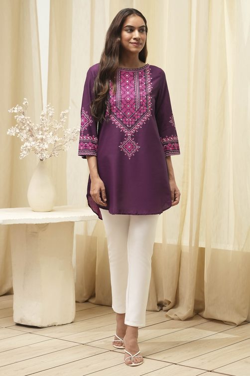 Purple Printed Straight Short Kurta image number 6