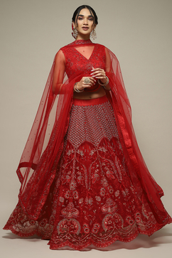 Red Nylon Embroidered Lehenga Set image number 7