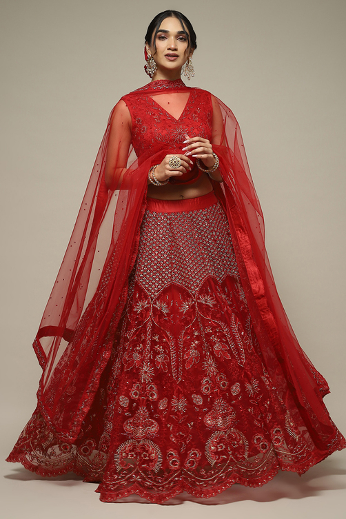 Red Nylon Embroidered Lehenga Set image number 7
