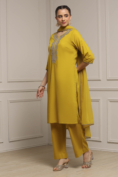 Yellow Cotton Straight Dyed Suit Set image number 3