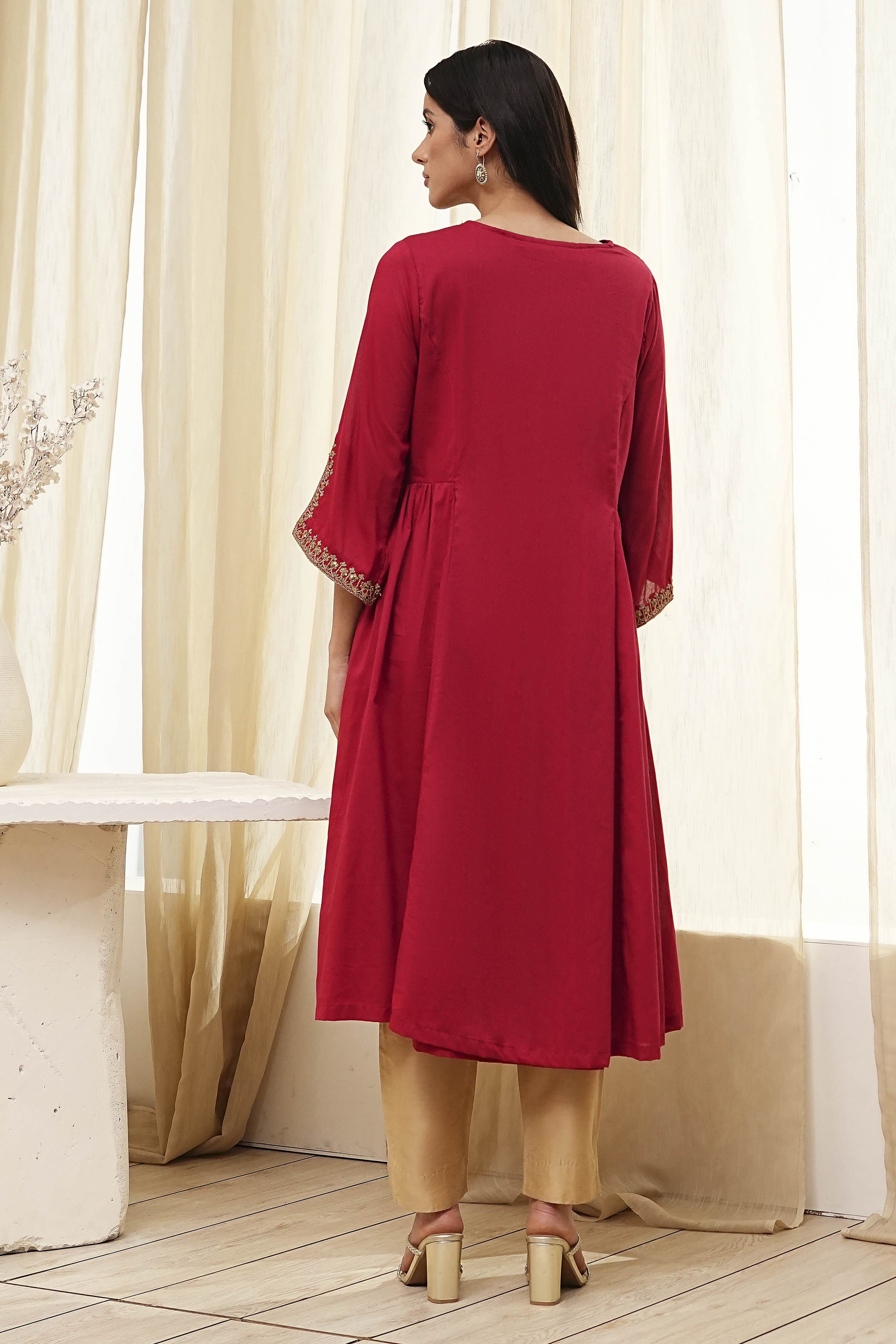 Red Cotton Solid A-Line Kurta image number 3