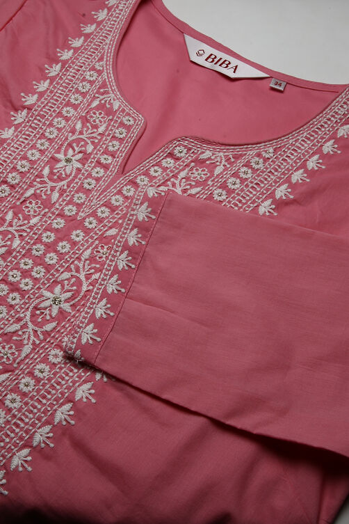 Pink Cotton Chikankari Embroidered Kurta image number 1