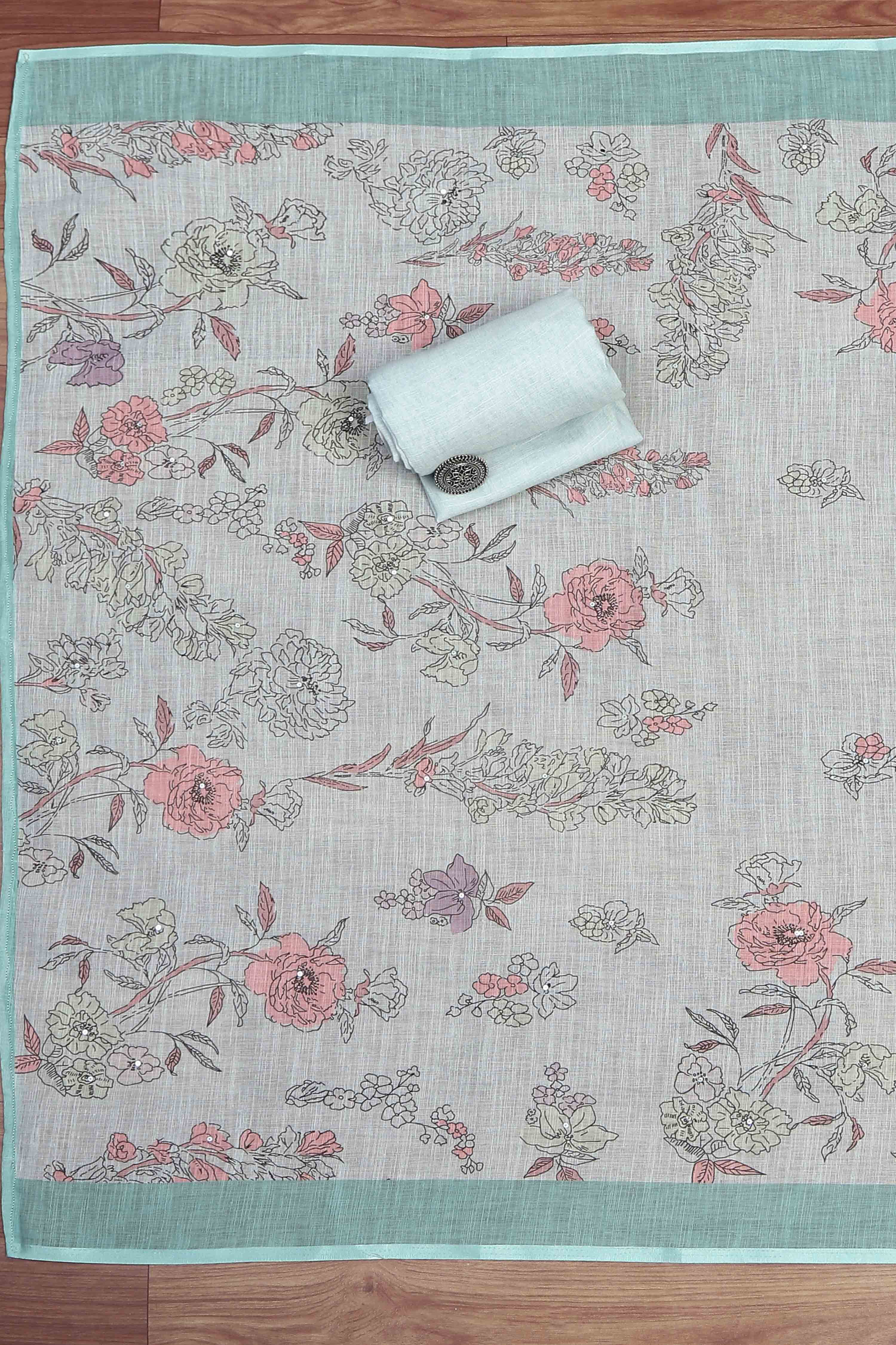 Sea Green Linen Unstitched Suit Set image number 3