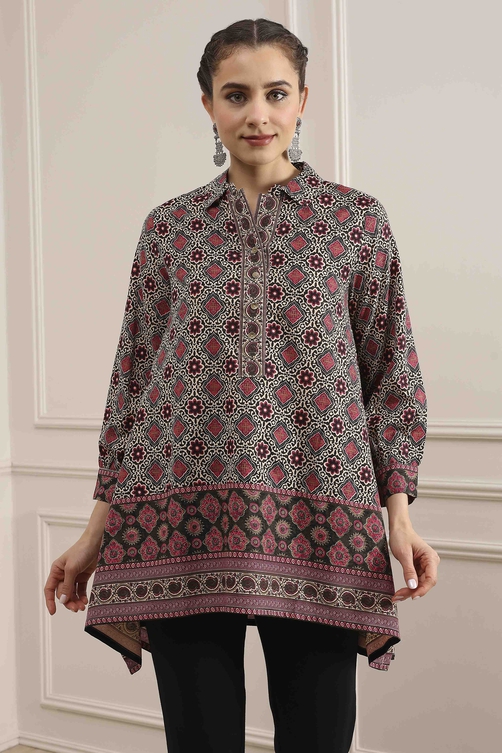 Beige Red Viscose Rayon Relaxed Printed Top image number 5