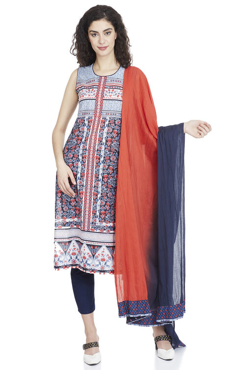 Navy Blue And Red Cotton Solid Dupatta image number 0