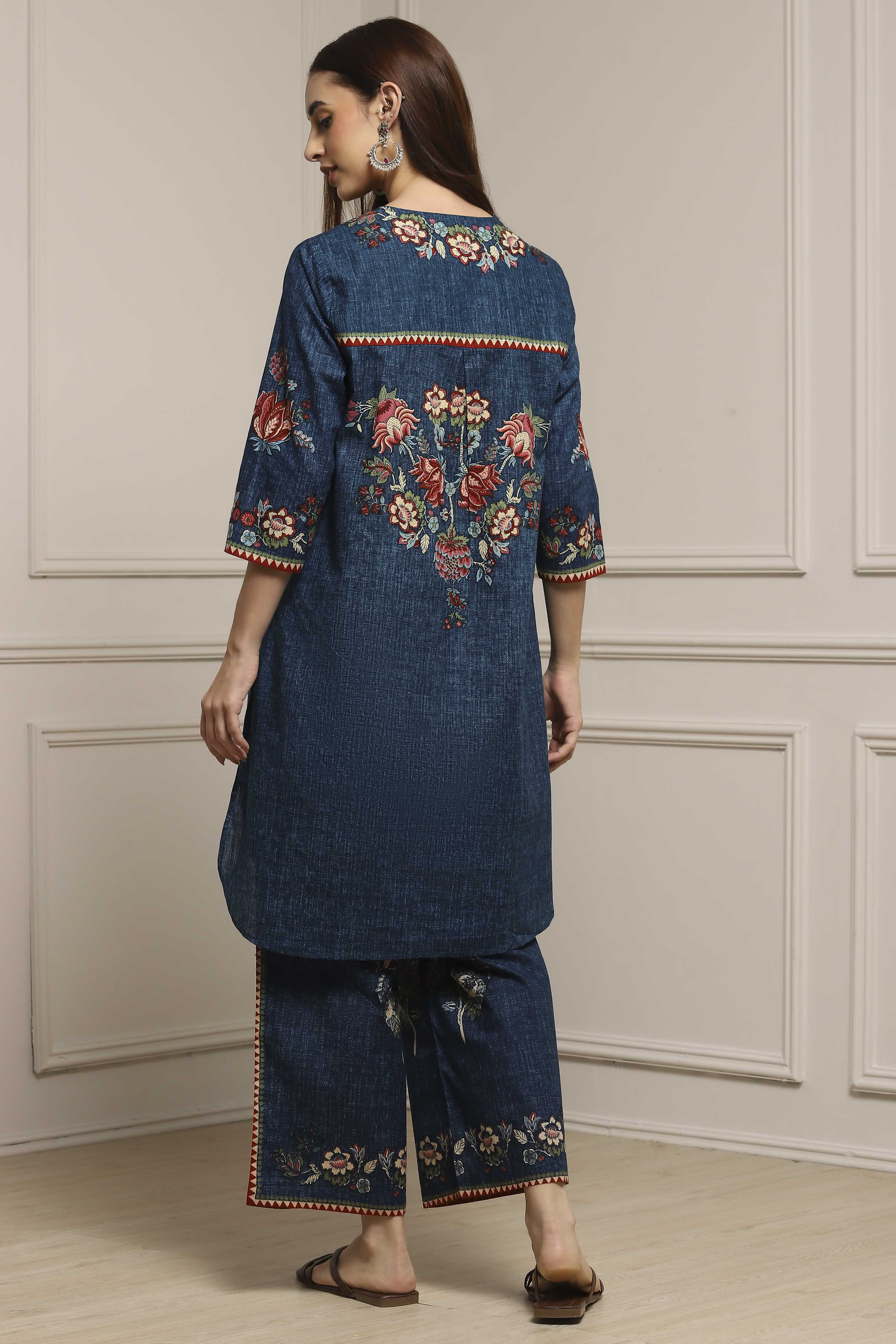 Blue Cotton Printed Straight Kurta Set image number 4