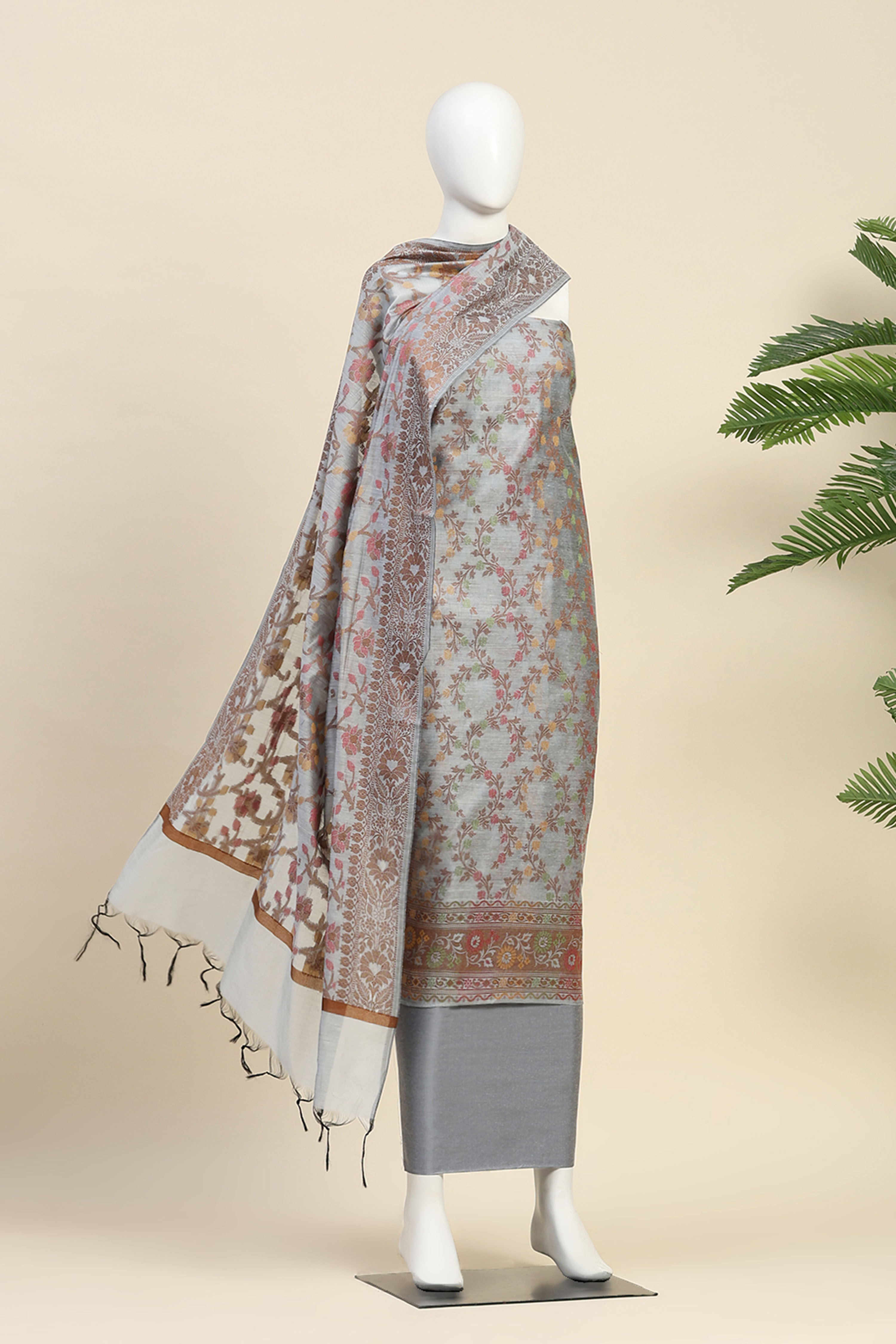 Grey Cotton Printed Embroidered Unstitched Suit Set image number 4