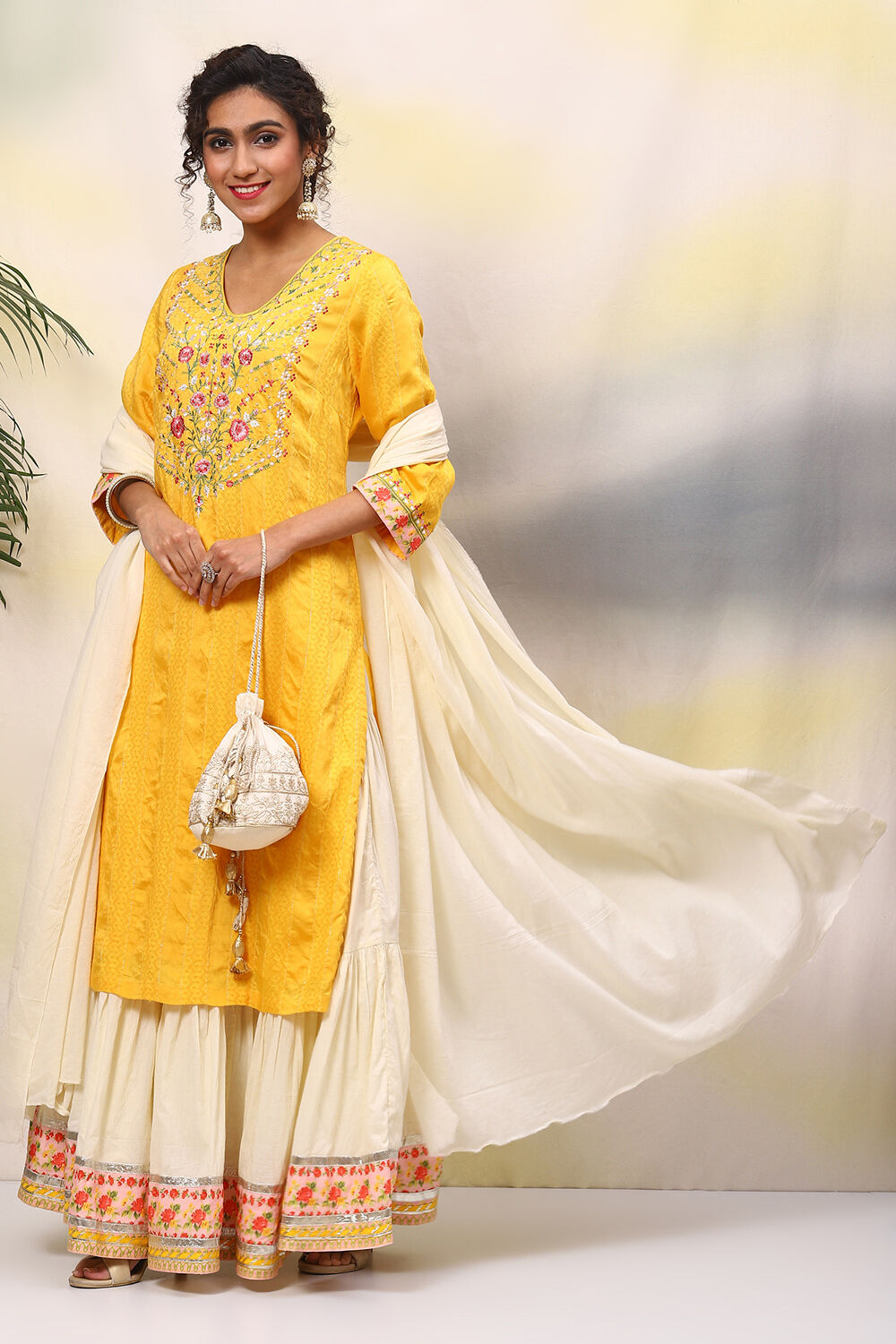 Yellow Viscose Straight Kurta Skirt Suit Set image number 7