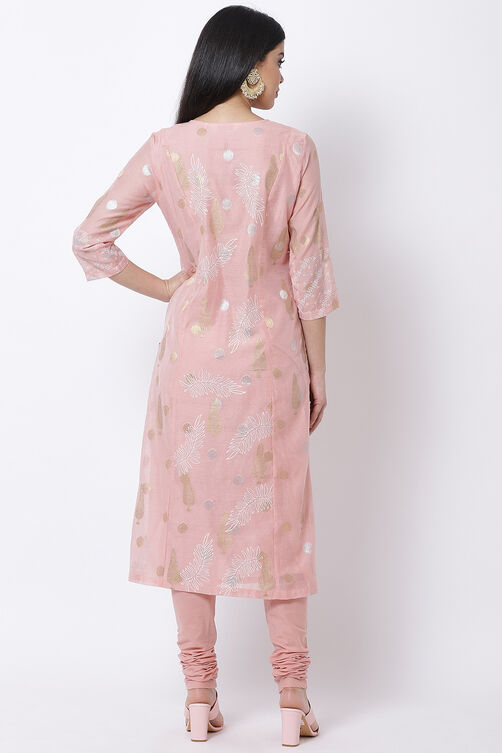 Peach Cotton Organza Straight Kurta Churidar Suit Set image number 4