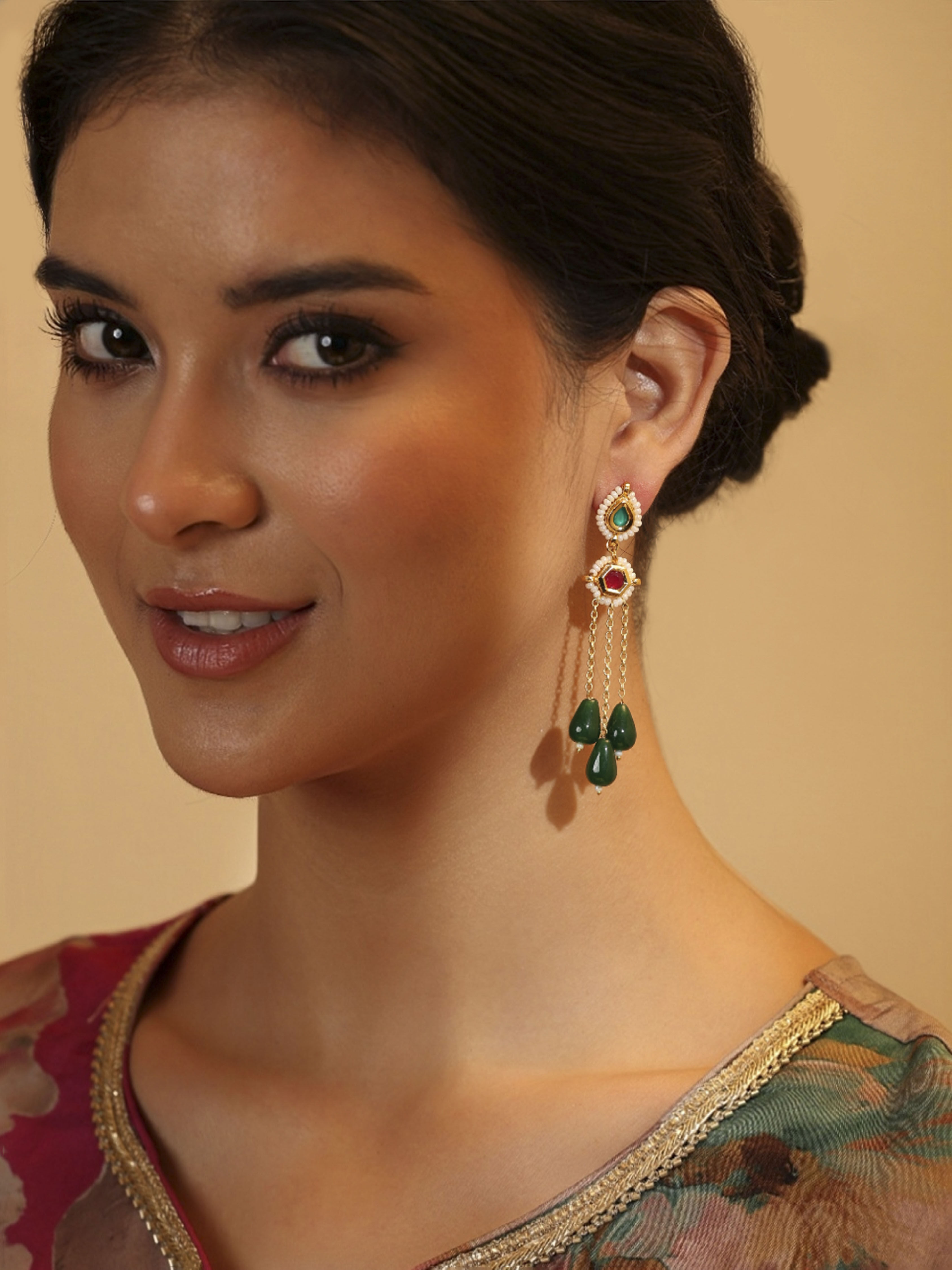 Green Gold Plated Brass Drop & Dangler Earrings image number 1