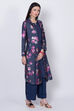 Denim Blue Cotton Front Open Printed Kurta image number 2