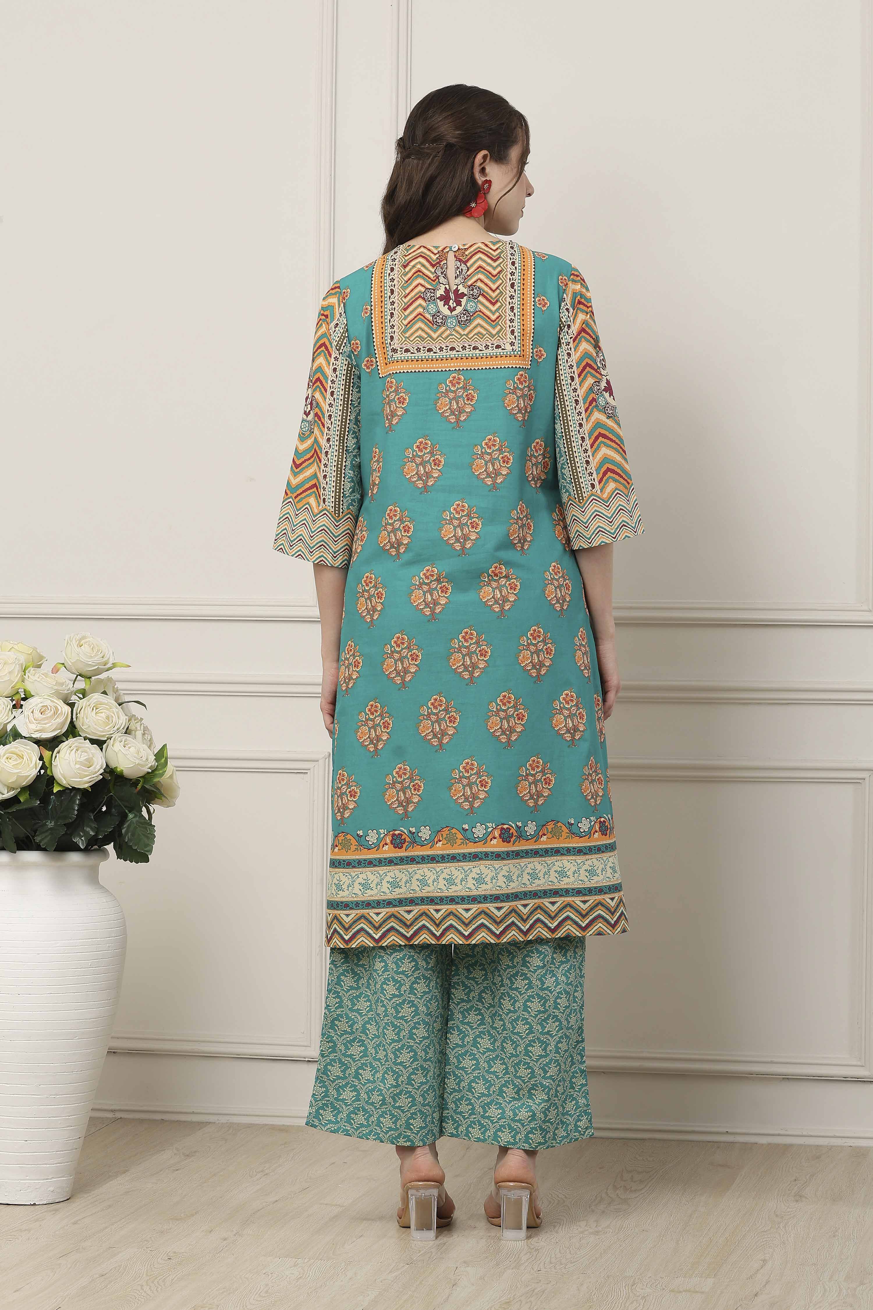 Red Cotton Floral Motifs Straight Suit Set image number 4