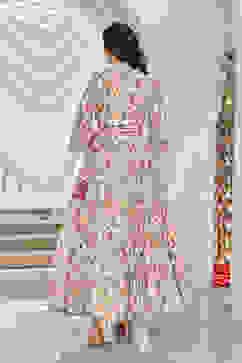 Off-White & Pink Floral Printed Flared Lehenga Set image number 3