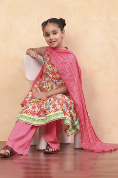 Coral Pure Cotton Floral Printed Tiered Suit Set
