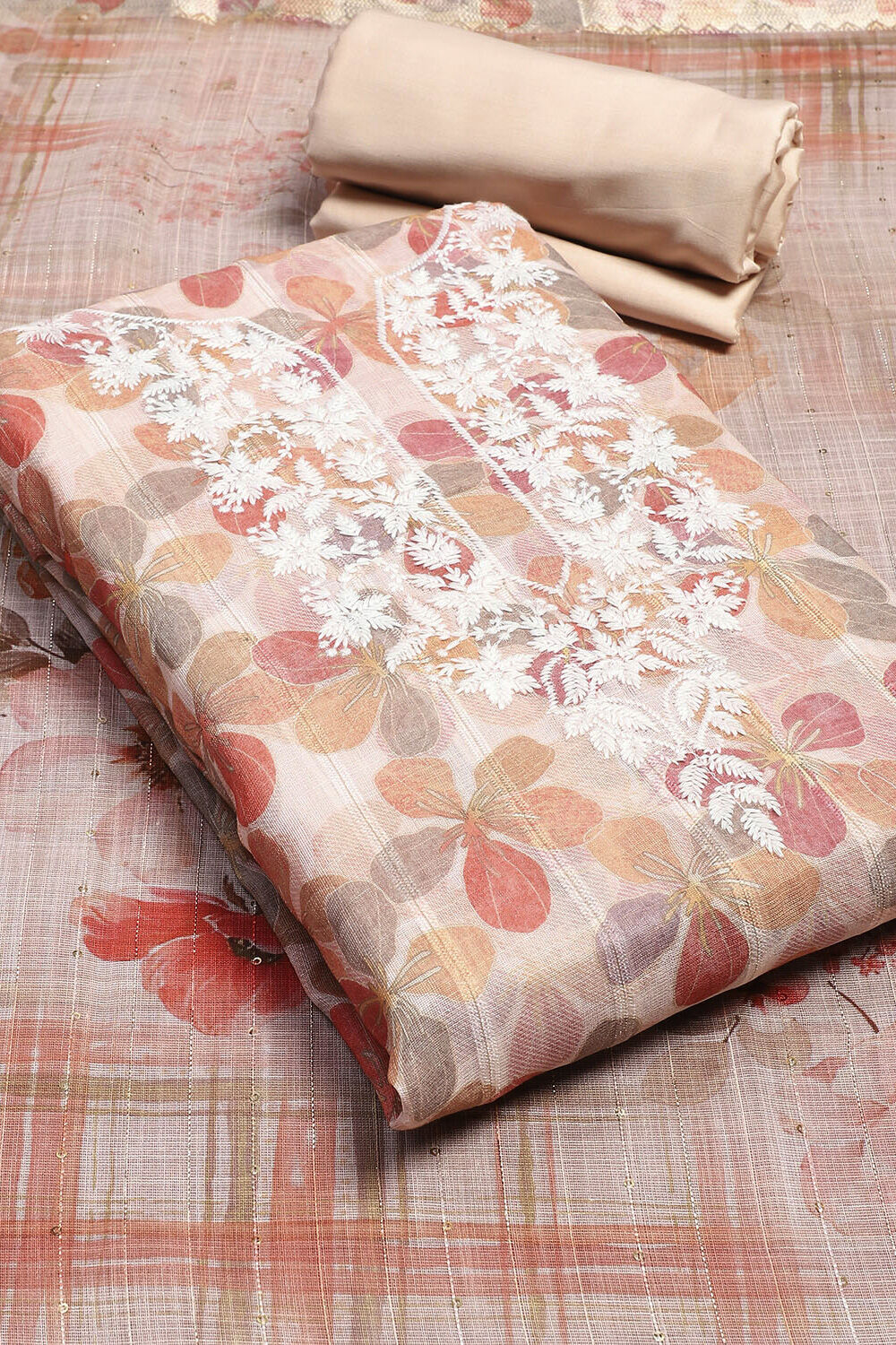 Peach-Colored Cotton Blend Unstitched Suit Set image number 1