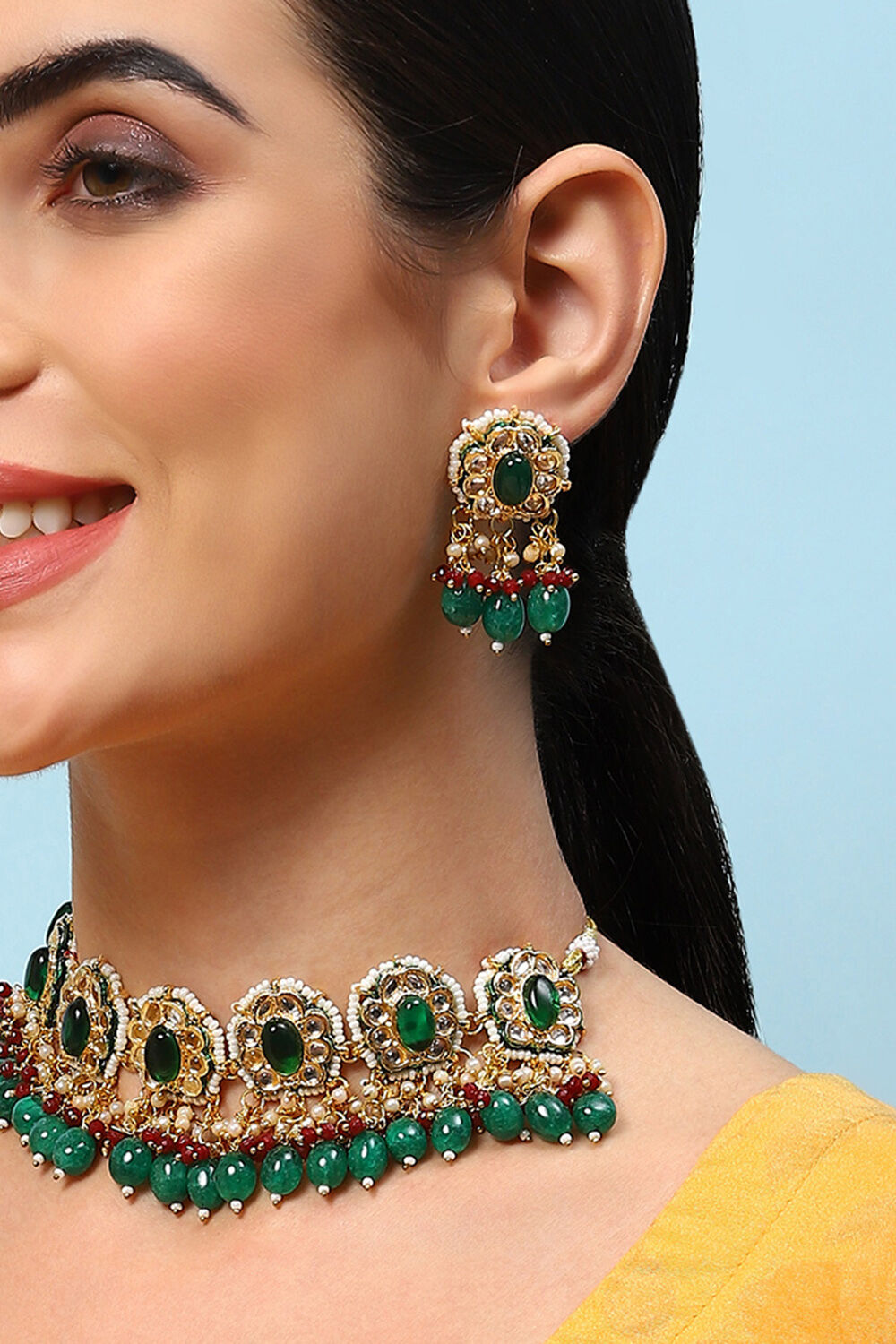 Green & Red Brass Necklace Set image number 1