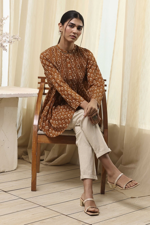 Mustard Brown Cotton Printed Shirt image number 0