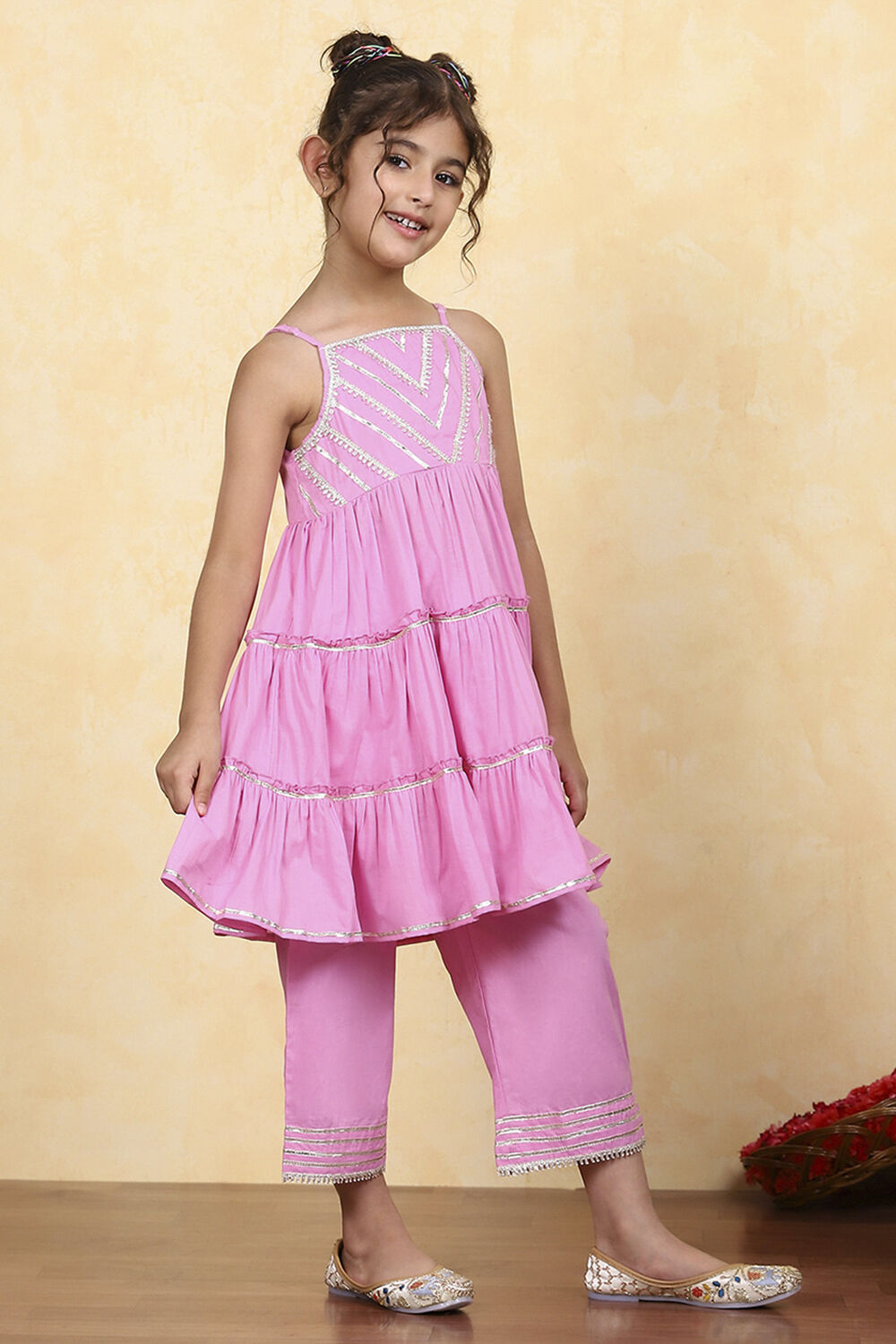 Pink Cotton Solid Tiered Kurta Set image number 5