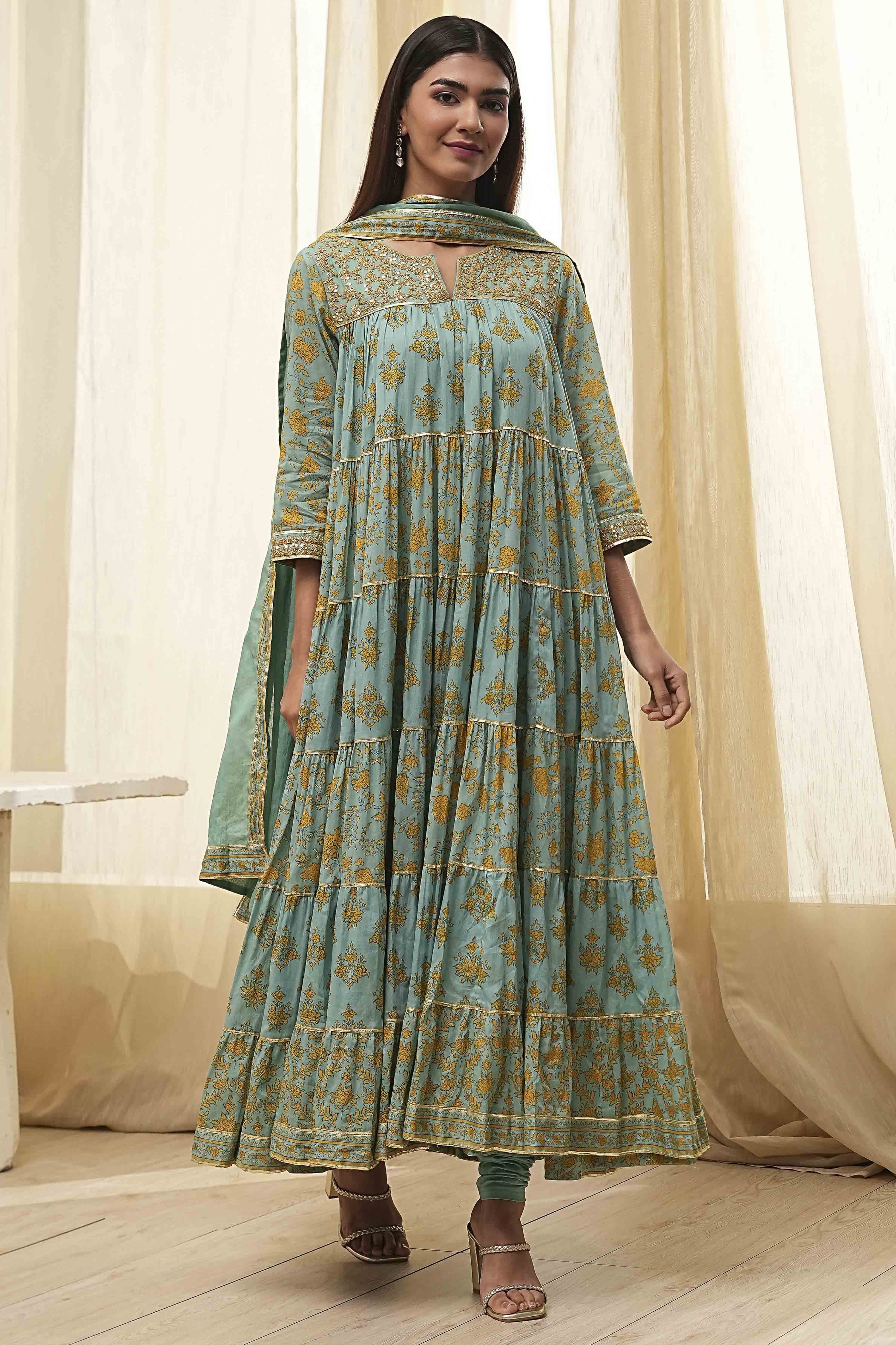 Off-White and Pink Cotton Floral Tiered Suit Set image number 6